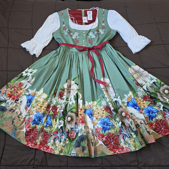 Disney Dresses & Skirts - Disney Green Floral Midi Dress with Red Waist Sash